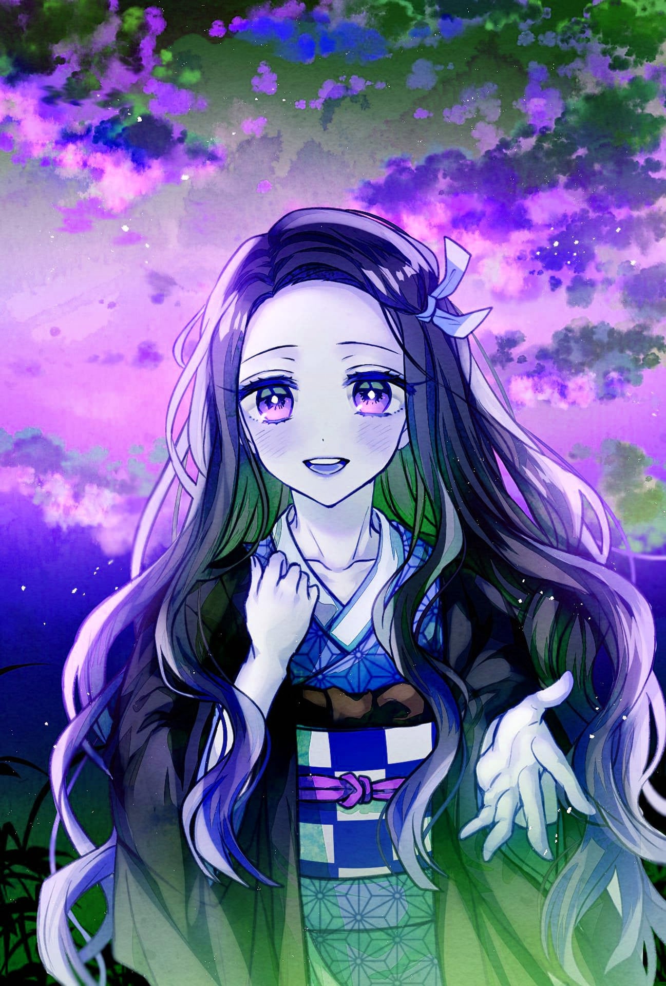 Nezuko Wallpaper - một trong những hình nền rực rỡ nhất của Anime! Hứa hẹn sẽ mang đến cho bạn sự xốn xao với hình ảnh Nezuko Kamado đáng yêu. Với bộ đồ màu hồng và xanh, Nezuko đang ngồi trên một trang điểm Anime cực kỳ đáng yêu.